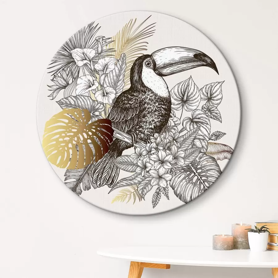 Glezna Tukāns ar lapām un ziediem r37303