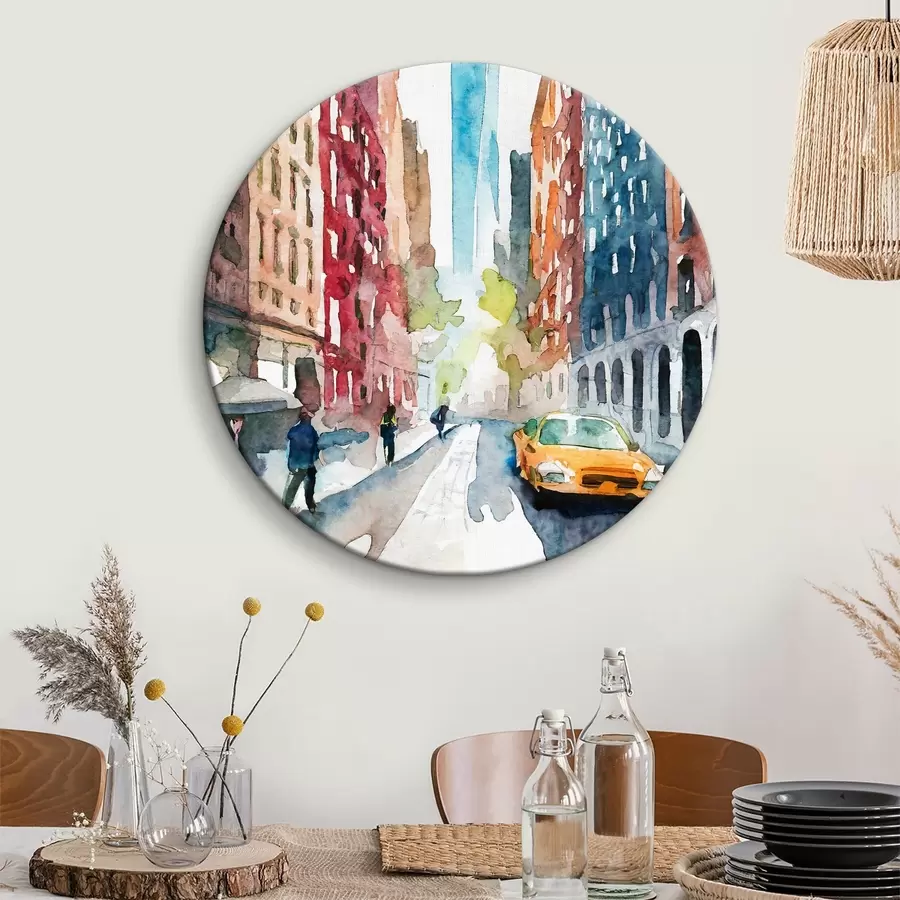 Glezna Akvarelis, kurā attēlota iela ar ēkām un augstu torni fonā r37346