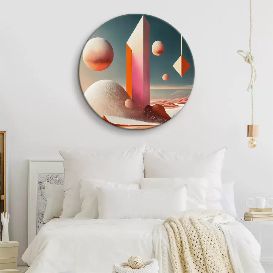 Glezna Tuksneša ainava ar torni un ģeometriskām formām r37368