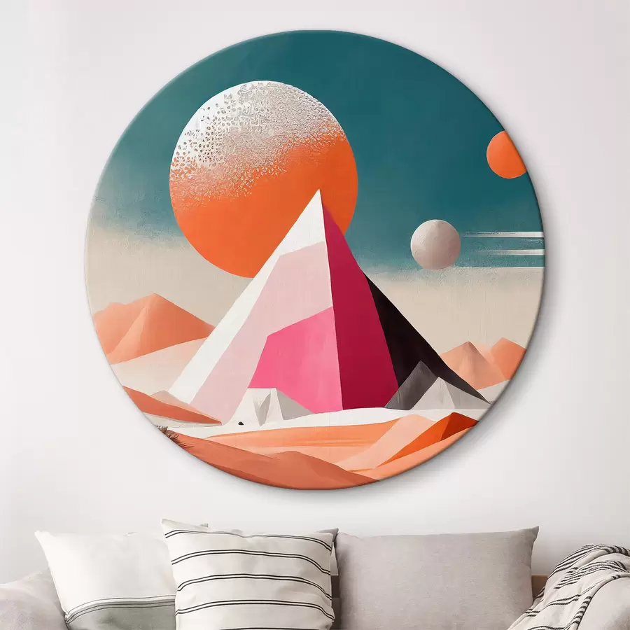 Glezna Tuksneša ainavas attēls ar piramīdu un sauli r37371