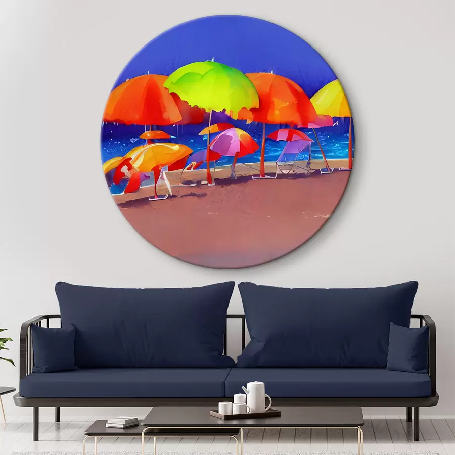 Glezna Krāsainu lietussargu grupa pludmalē r37626