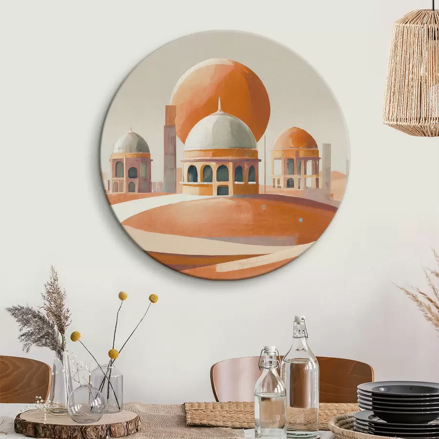 Glezna Tuksneša ainava ar ēkām un lielu oranžu bumbu r37812