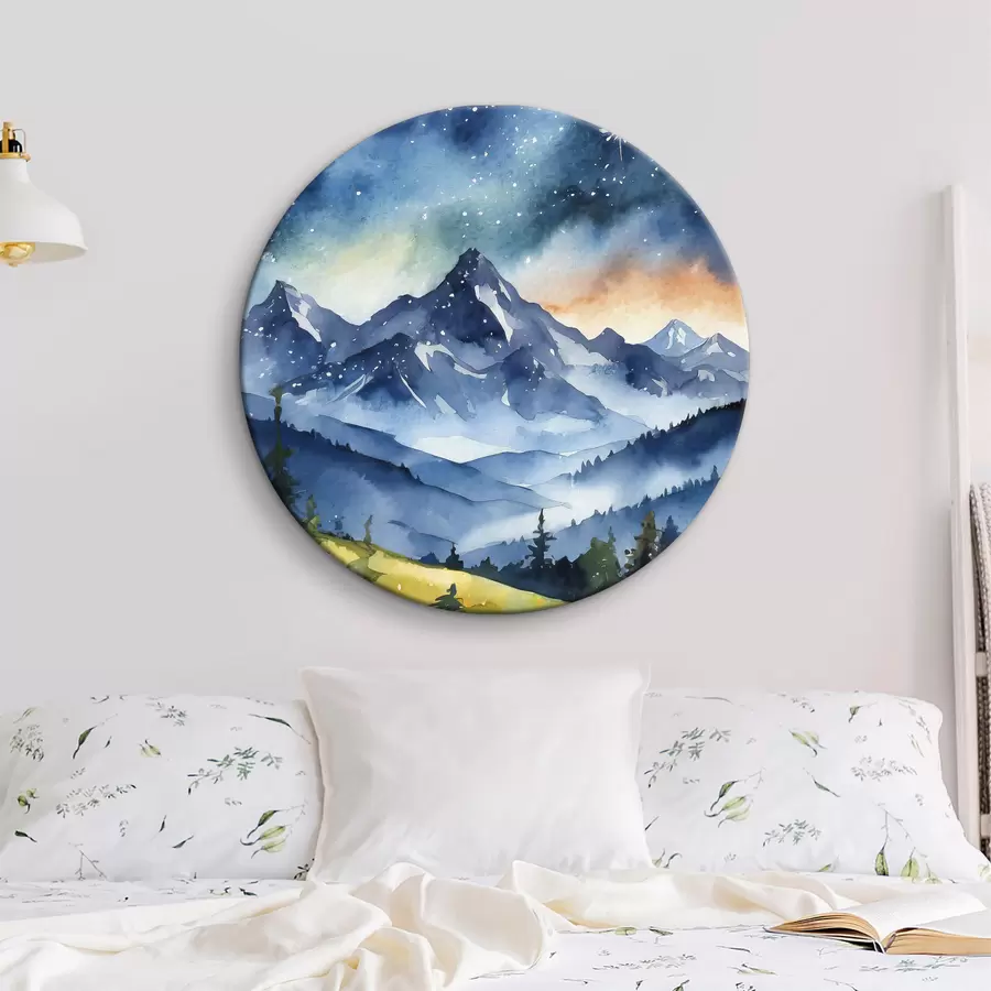 Glezna Akvareļu kalnu ainava, mežs, zvaigžņotas nakts debesis, saulrieta krāsas r37946