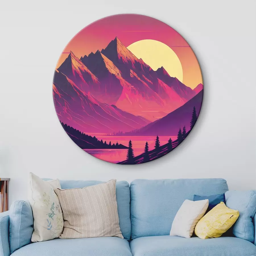 Glezna Abstrakta kalnu ainava, košas krāsas, rozā, saulrieta debesis, futūristisks, saule, mežs r38000