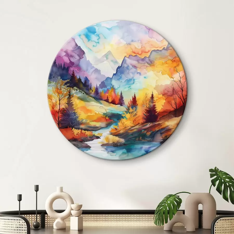 Glezna Krāsaina kalnu ainava ar kokiem un upi r38145