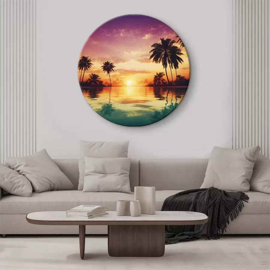 Glezna Saulriets virs ūdenskrātuves ar palmām r38183