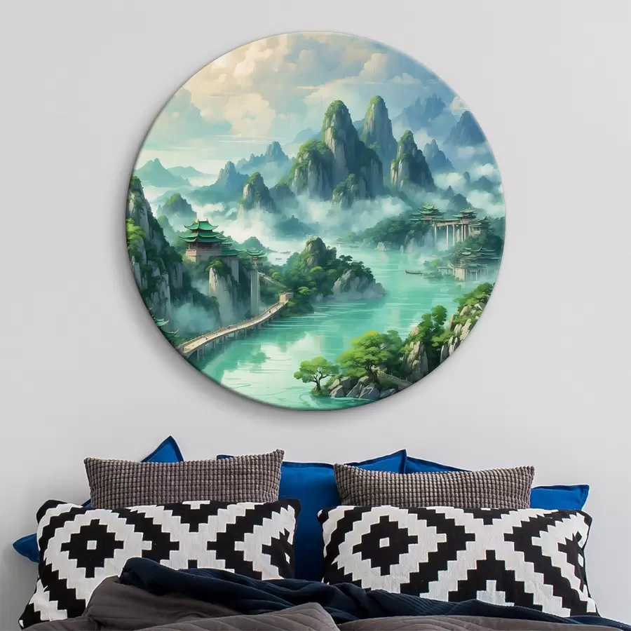 Glezna Upe ar tiltu un ēkām r38184