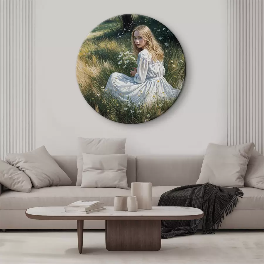 Glezna Meitene baltā kleitā sēž ziedu laukā r38196