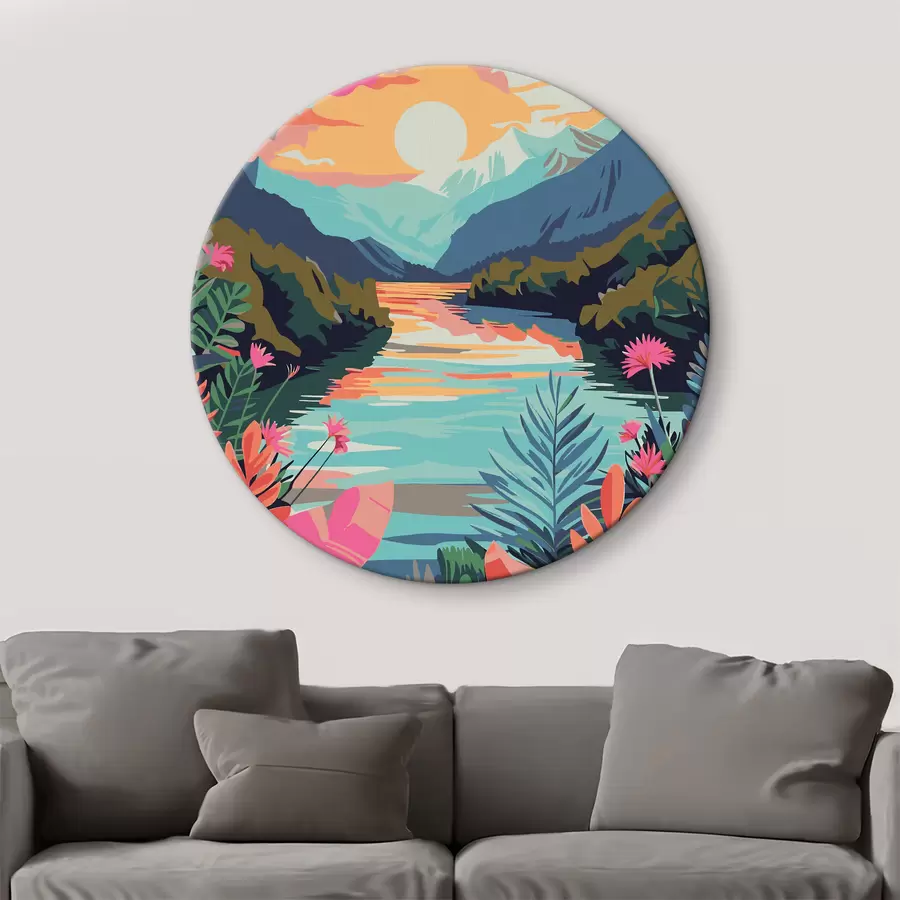 Glezna Upe ar ziediem un kalniem fonā r38266