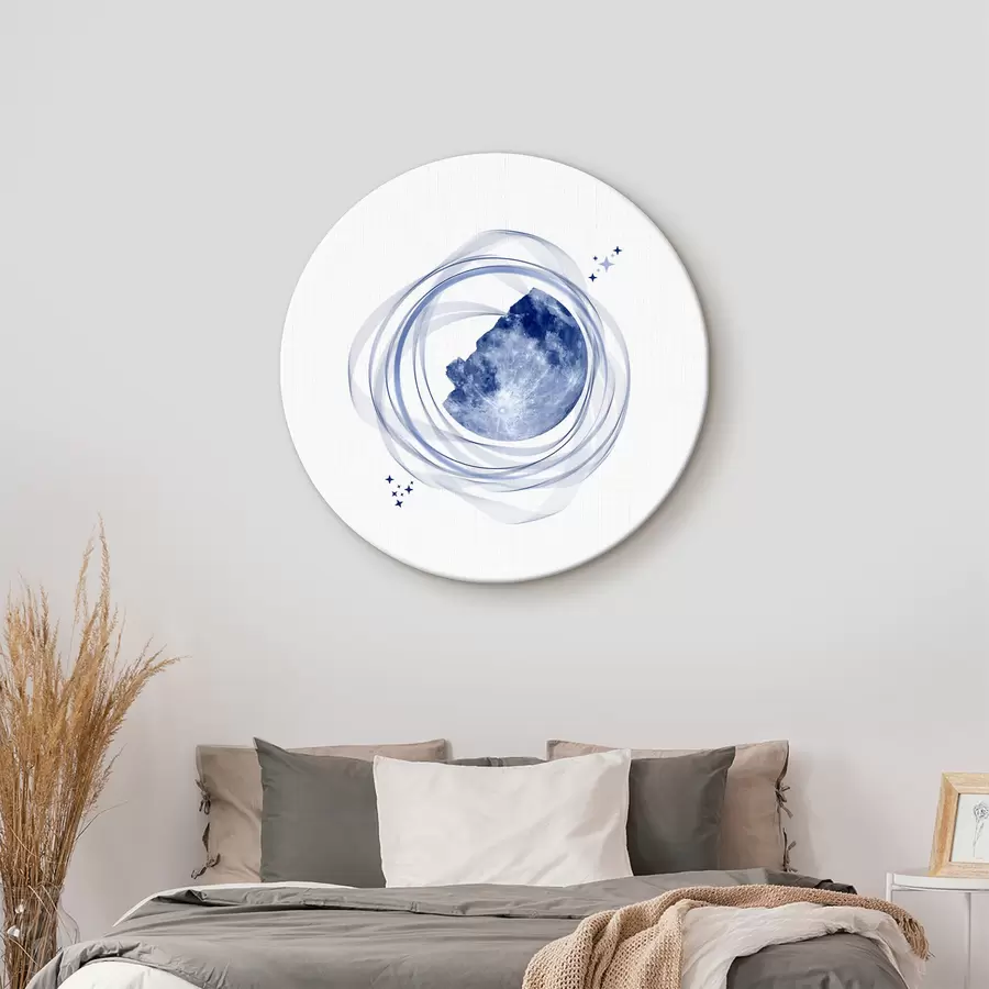 Glezna Mēness orbīta, pusmēness, minimālisms, telpa, laiks, izliektas izplūdušas līnijas, zvaigznes, galaktika, zila krāsa r38280