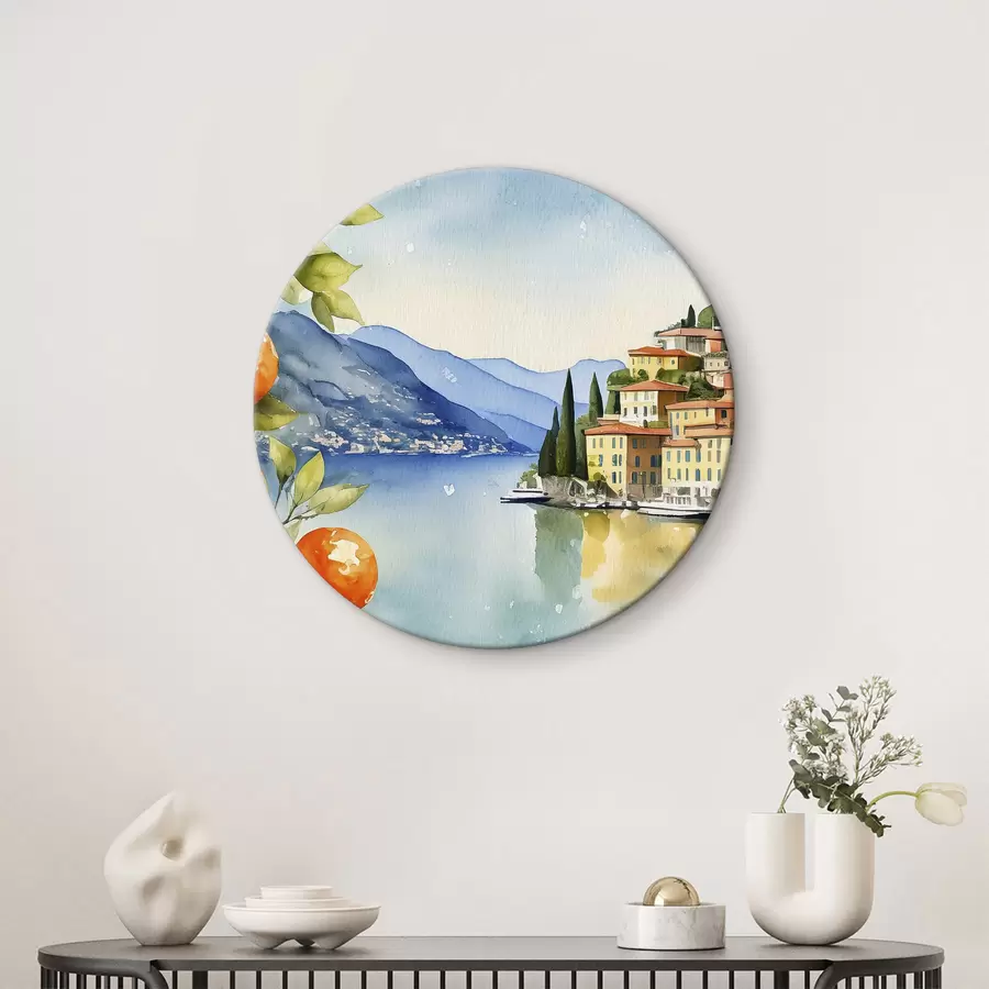 Glezna Akvarelis, kurā attēlota pilsēta uz ūdenskrātuves krasta r38402