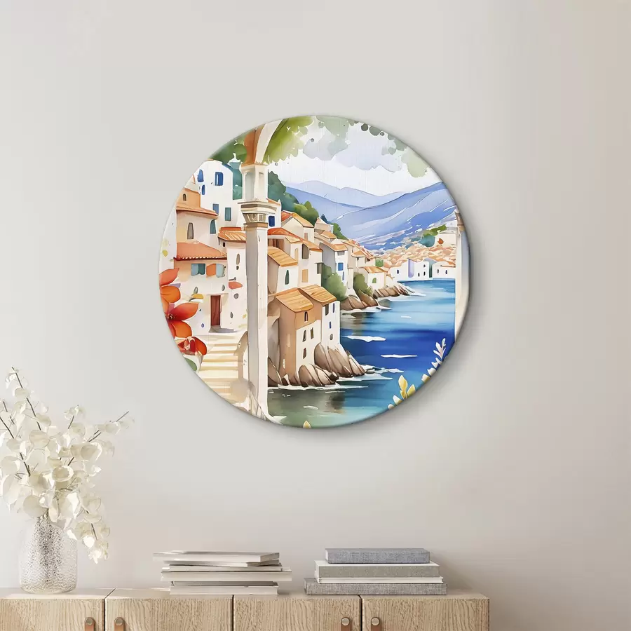 Glezna Pilsētas attēls ar upi un ziediem r38406