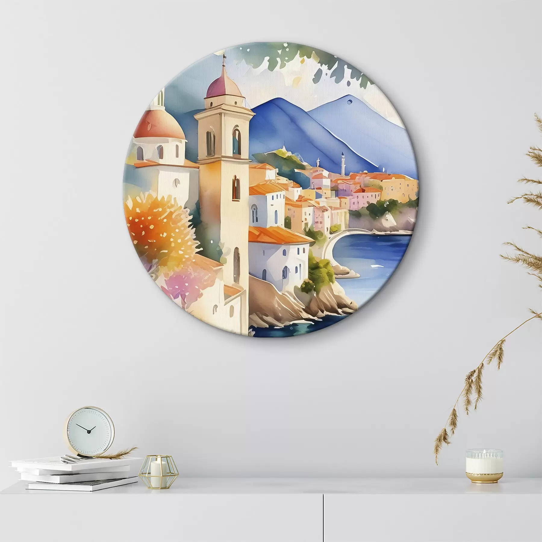 Glezna Akvarelis, kurā attēlota pilsēta uz ūdenskrātuves krasta r38407