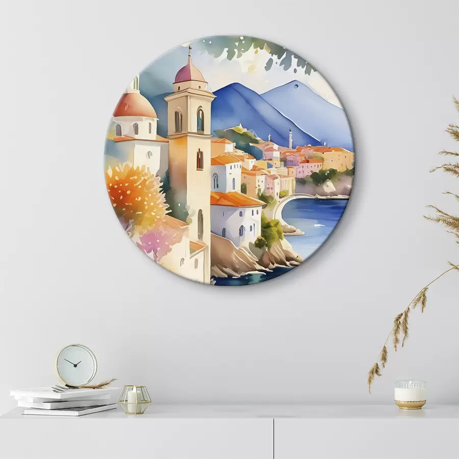 Glezna Akvarelis, kurā attēlota pilsēta uz ūdenskrātuves krasta r38407