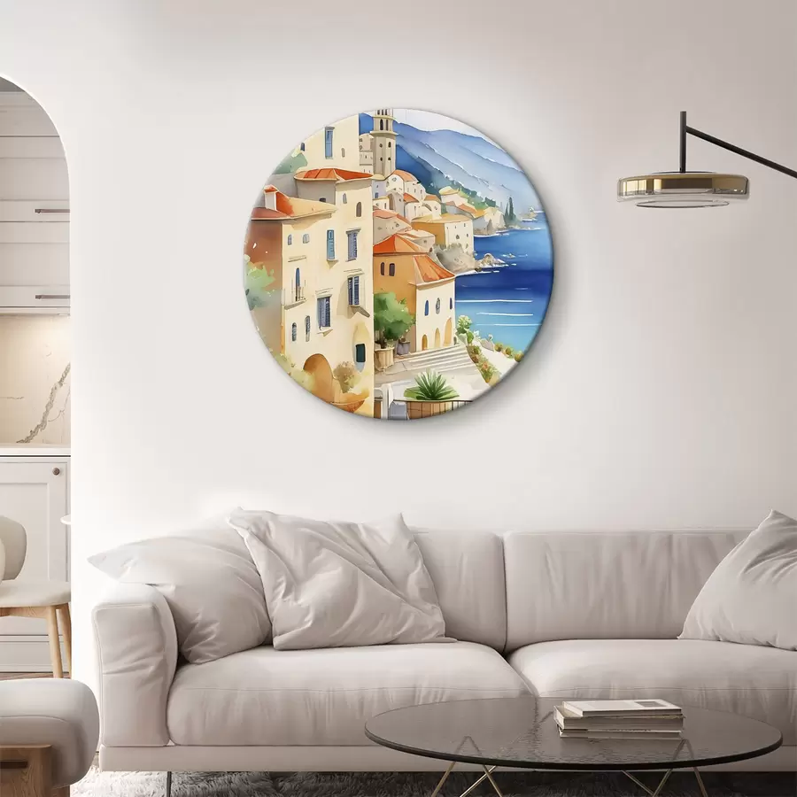 Glezna Akvarelis, kurā attēlota pilsēta uz kalna virs jūras r38409