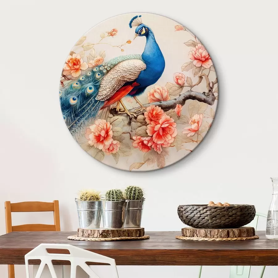 Glezna Glezna, kurā attēlots pāvs uz zara ar ziediem r38451