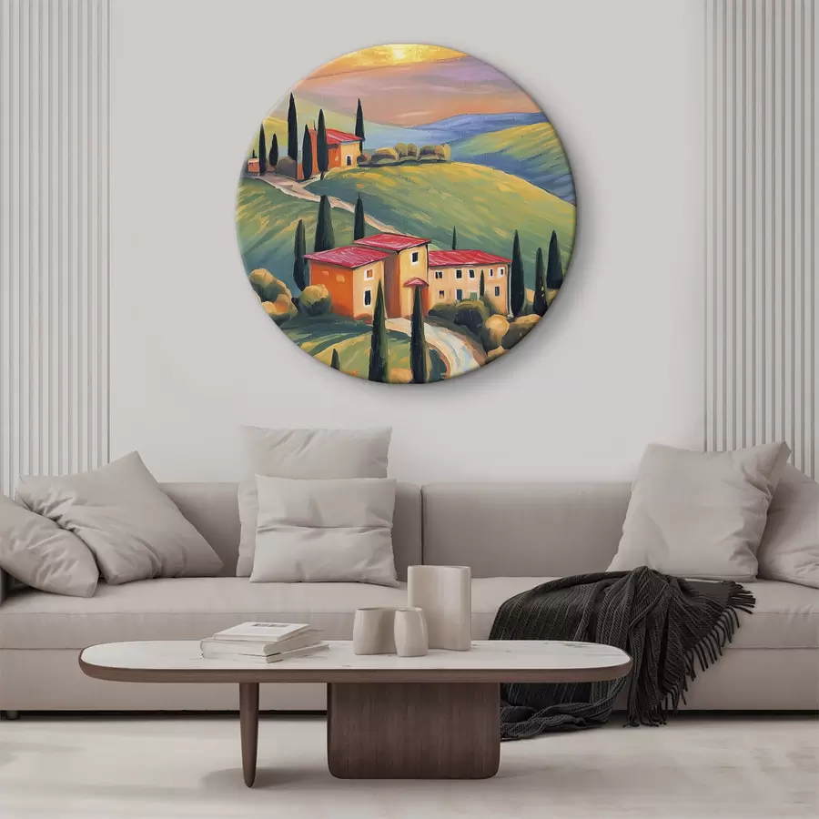 Fototapetes Toskānas ainavas, Itālija, akrila māksla, vecās mājas, lauki, vasara r38488