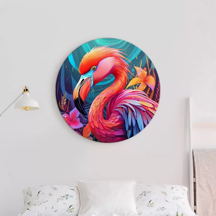 Glezna Krāsains rozā flamingo ar ziediem r38609