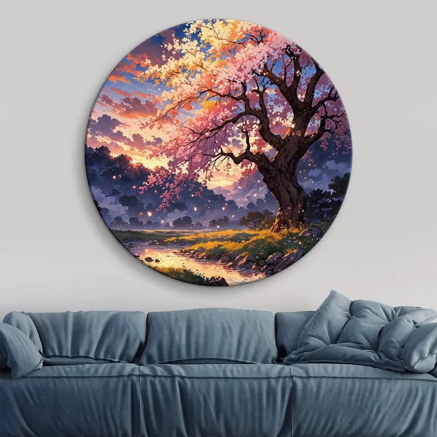 Glezna Koku ar rozā ziediem šķērso upe r38645