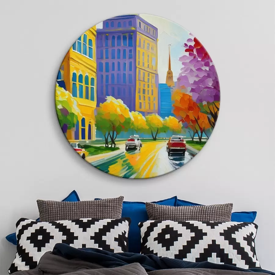 Glezna Pilsētas ielas attēls ar automašīnām un kokiem r38657