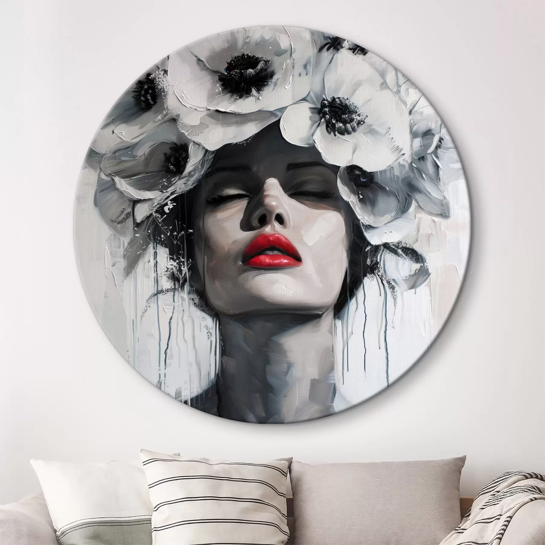 Glezna Sievietes portrets ar ziediem matos un sarkanām lūpām r39253