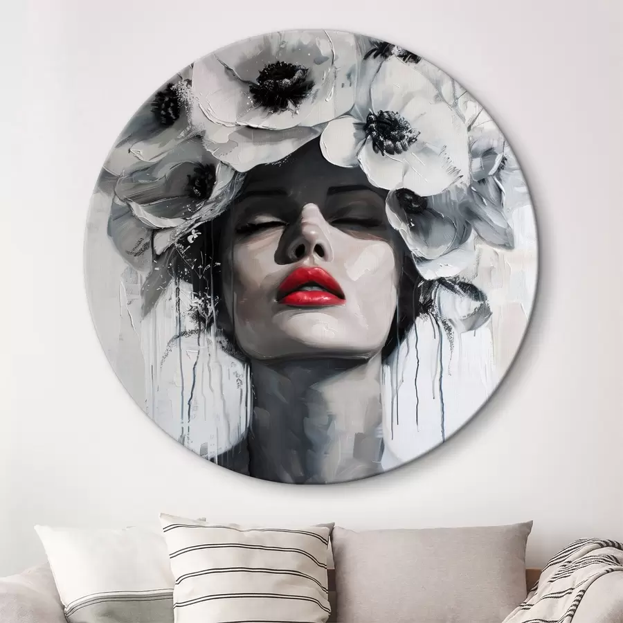 Fototapetes Sievietes portrets ar ziediem matos un sarkanām lūpām r39253