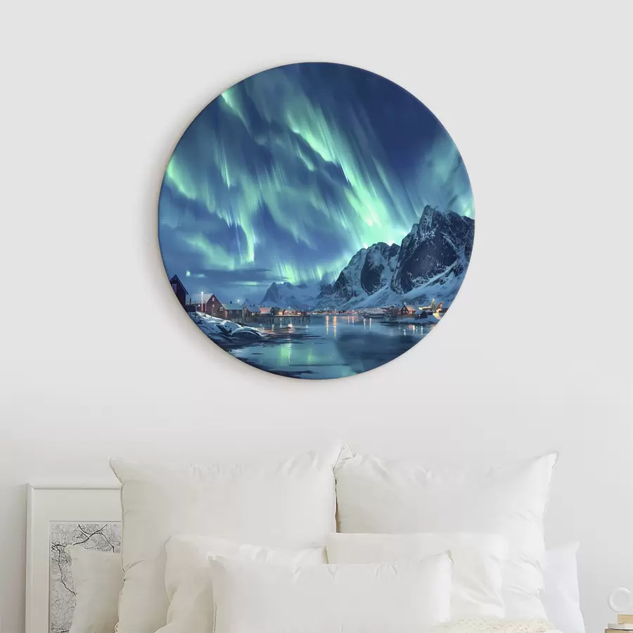 Glezna Norvēģija ziemas ciemats, ziemeļblāzma, nakts debesis r40300