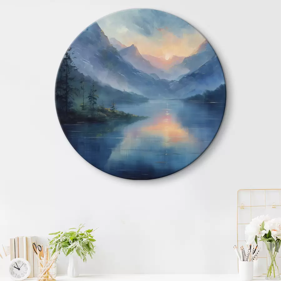 Glezna Saulriets kalnos, migla, upe, mežs, eļļas glezna r40302