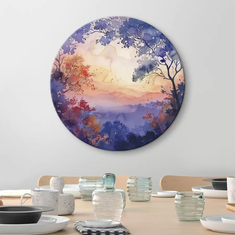 Glezna Akvareļu mežs, saulriets, koku zari, violeti un oranži r40304