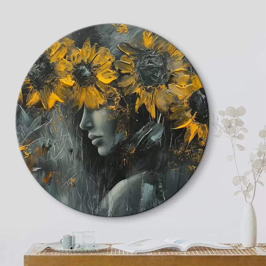 Glezna Abstraktas saulespuķes, kas sedz meitenes seju r40501