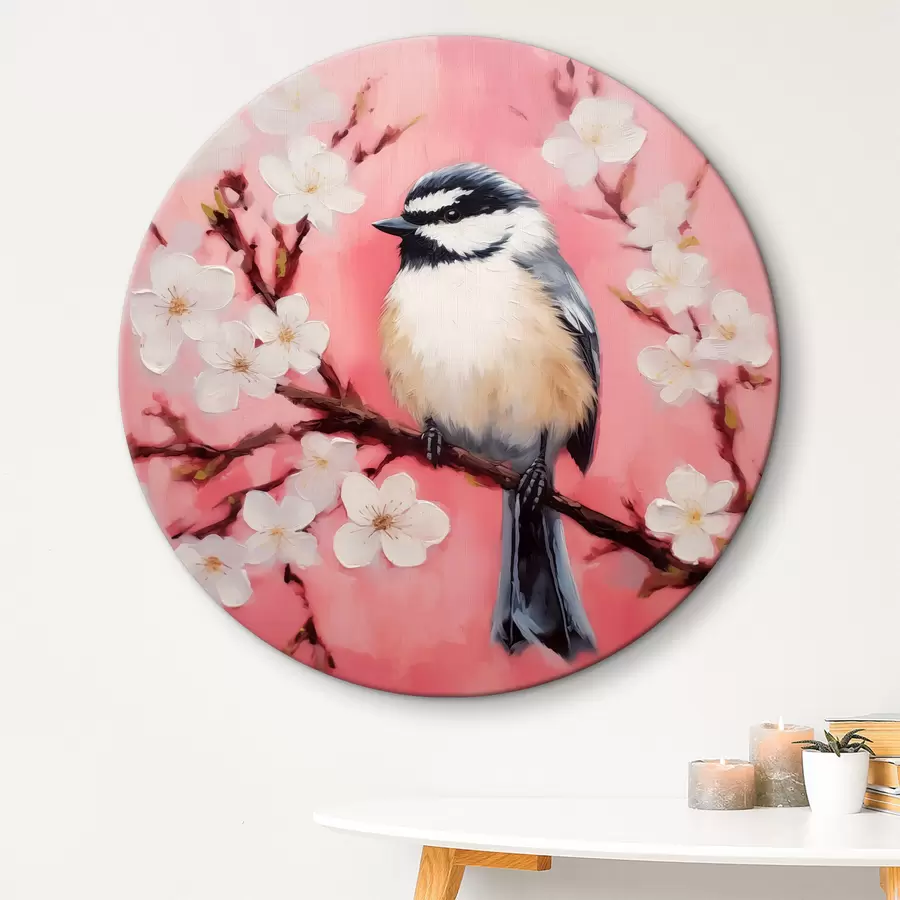 Glezna Putns sēž uz zara ar baltiem ziediem uz rozā fona r40517