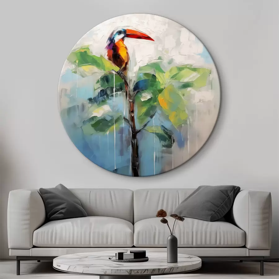 Glezna Abstraktā tukāns sēž uz banānu palmas, zaļa, zila, pelēka, dzeltena, dzeltena, sarkana krāsa r40518