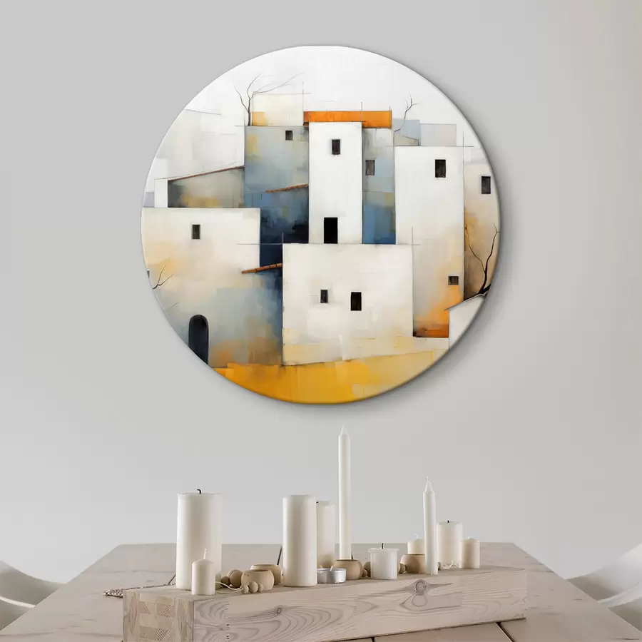 Fototapetes Baltas stilizētas abstraktas mājas, sarkana, oranža, dzeltena, dzeltena, zila krāsa r40531