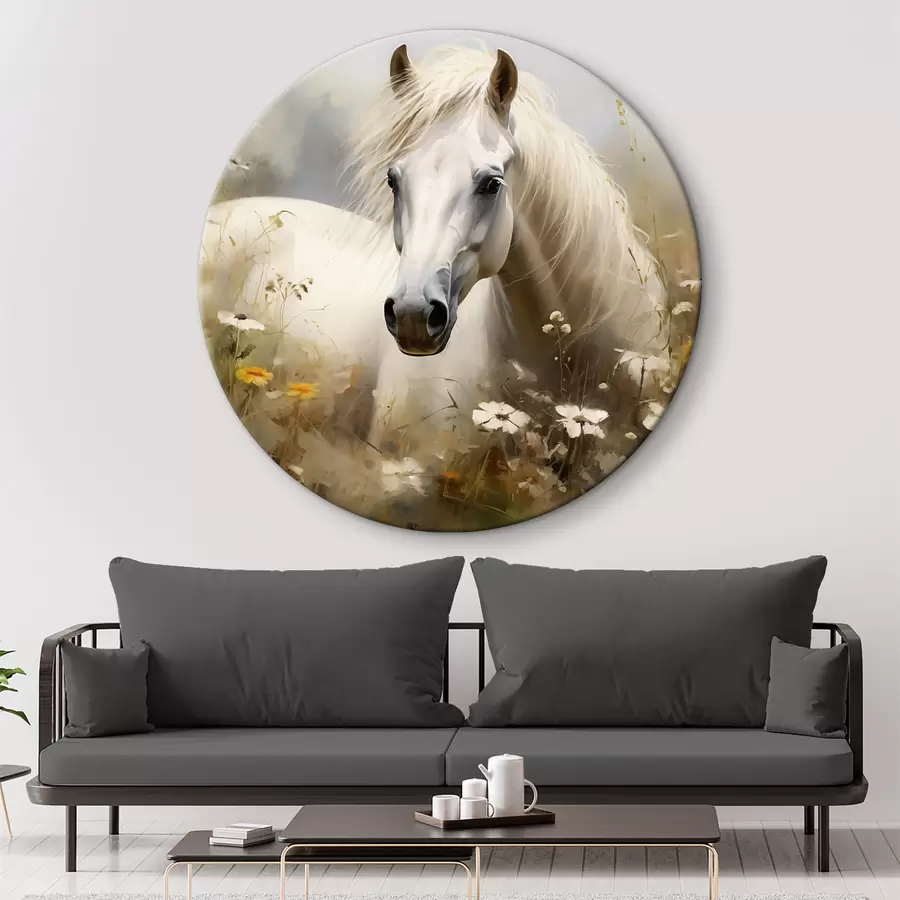 Glezna Balts zirgs zālē starp margrietiņām r40533