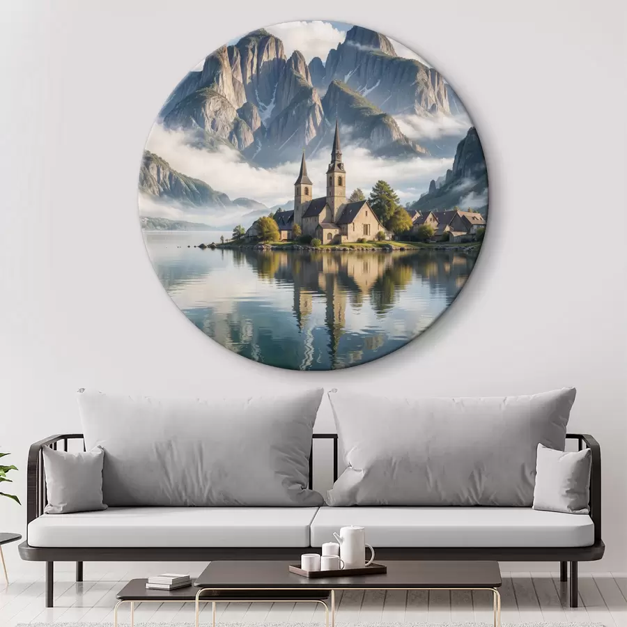 Glezna Gleznains Alpu ciemats, kas atrodas pie klusā ezera, virs kura paceļas sniegotie kalni r40554