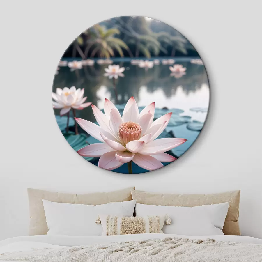 Glezna Dīķis ar rozā lotosa ziediem, kas peld virspusē, ko ieskauj sulīgs zaļums un palmas r40555