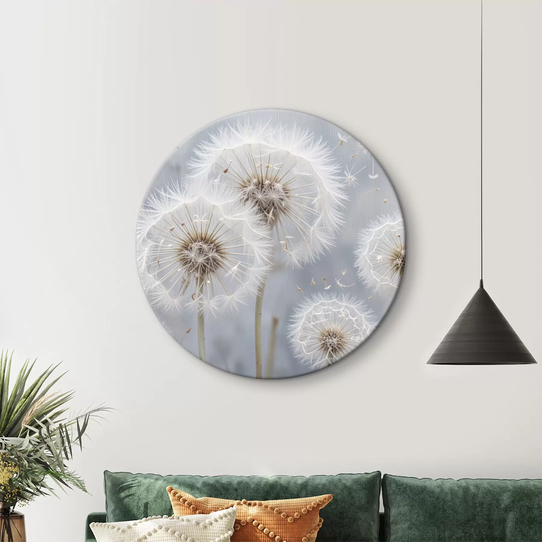 Glezna Balti pieneņu ziedi ar pūkainām sēklām uz izplūduša pelēka fona r40556