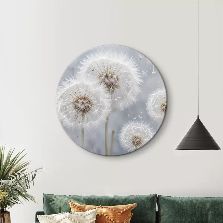 Glezna Balti pieneņu ziedi ar pūkainām sēklām uz izplūduša pelēka fona r40556