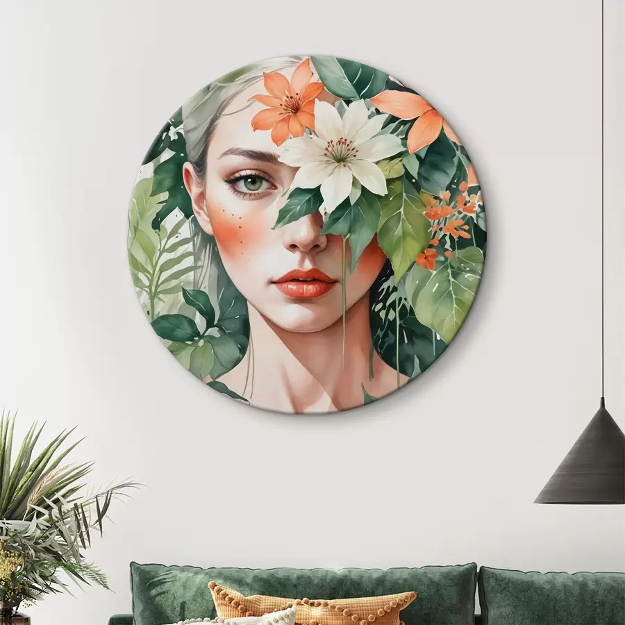 Glezna Blondīne ar gaišiem matiem, ko ieskauj koši oranži un balti tropu ziedi, zaļas lapas un veģetācija r40557