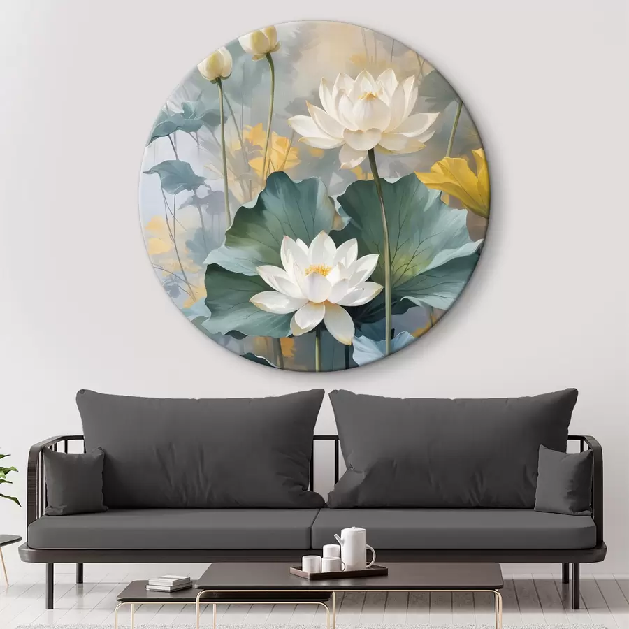 Glezna Balti lotosa ziedi dīķī ar zaļām ūdensrožu ziedlapiņām, ko ieskauj dzelteni ziedi un neskaidrs fons r40559