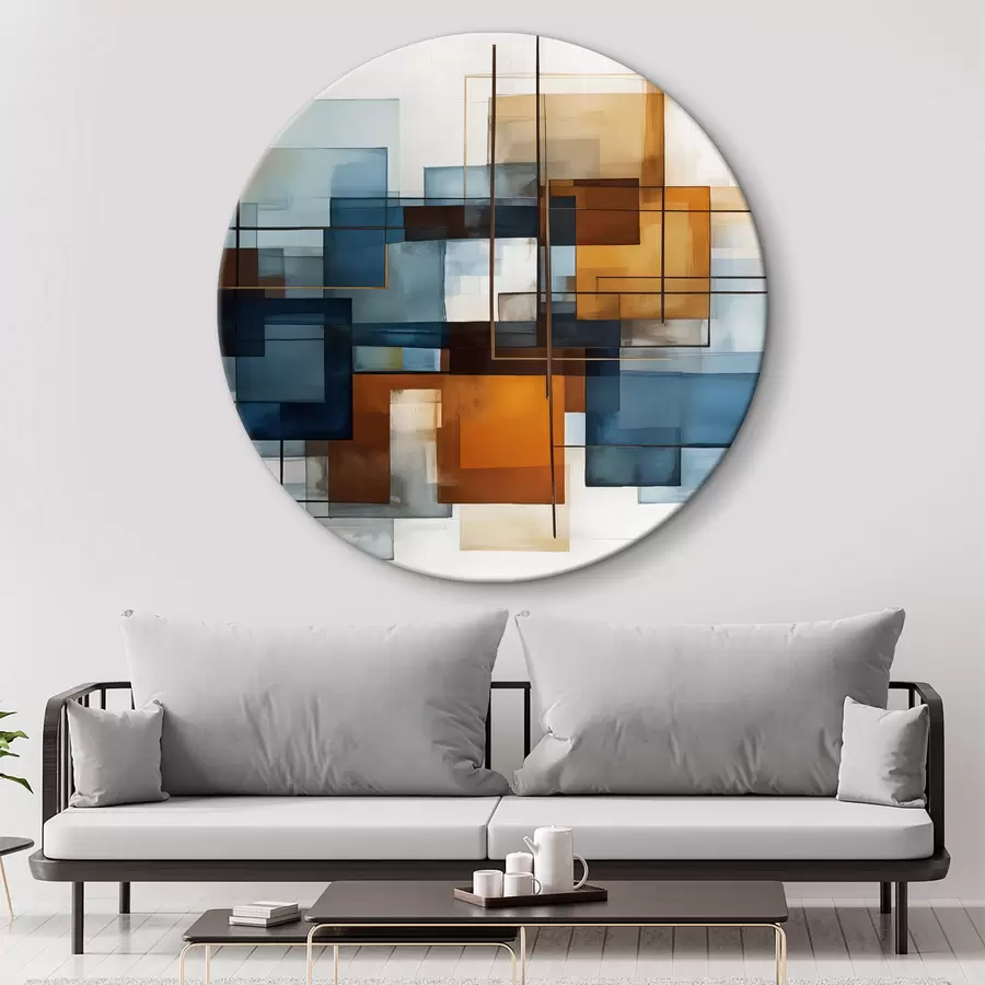 Glezna Abstraktas ģeometriskas formas zilos, oranžos un brūnos toņos veido modernu, minimālisma kompozīciju. r40563