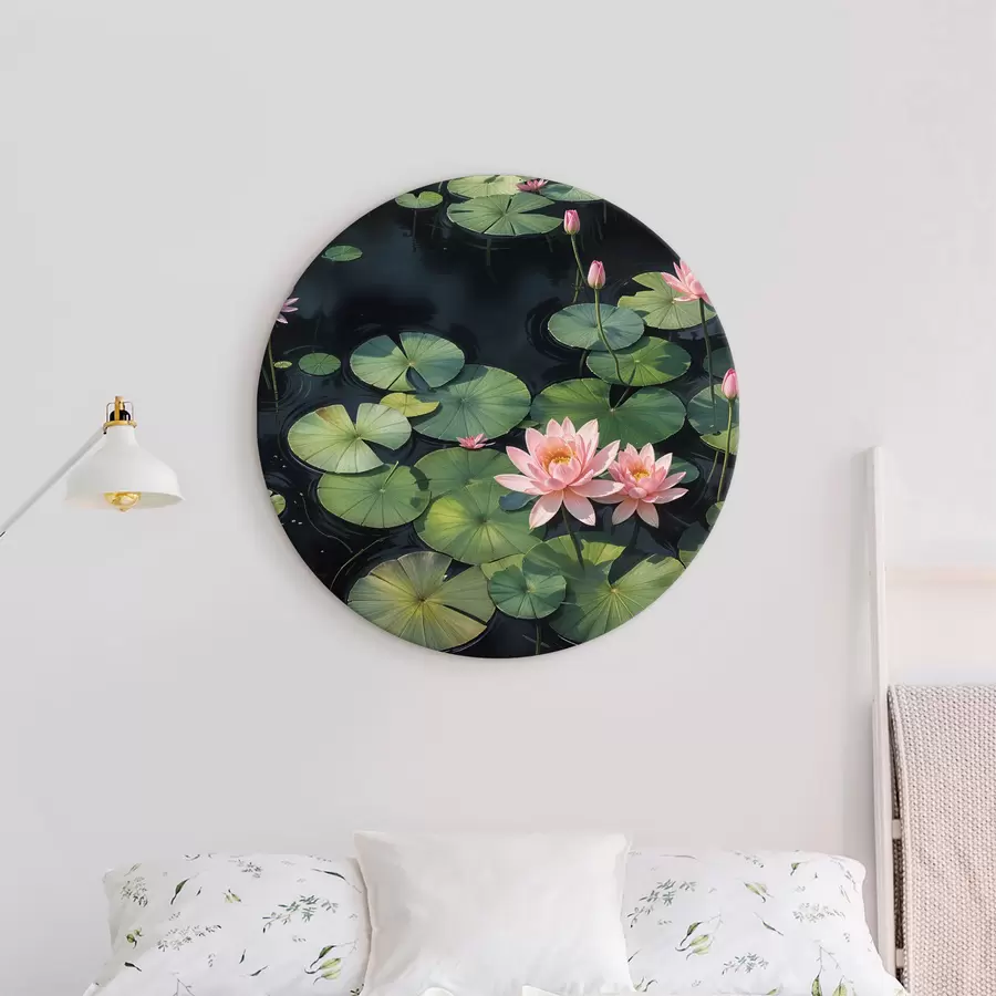 Glezna Dīķis ar rozā ūdensrozēm un zaļām liliju ziedlapiņām, kas peld uz ūdens virsmas un ko ieskauj tumšs fons r40598