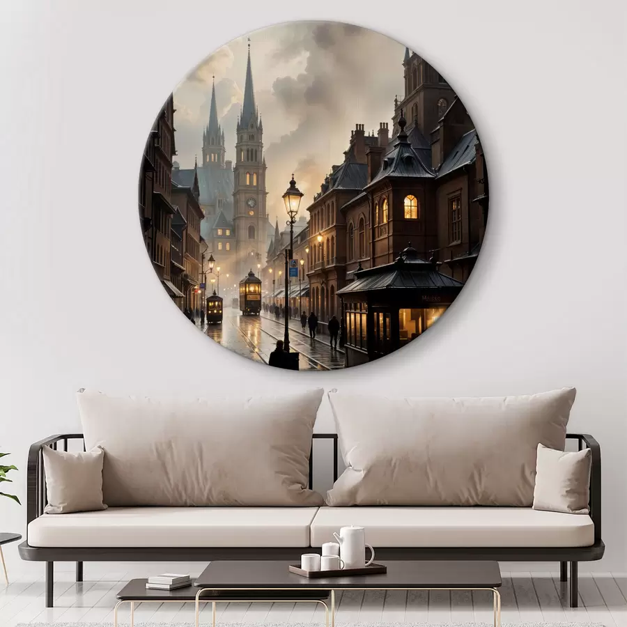 Glezna Lietains vakars vecā Eiropas pilsētā ar bruģētām ielām, vēsturiskām ēkām un garāmbraucošu tramvaju r40604