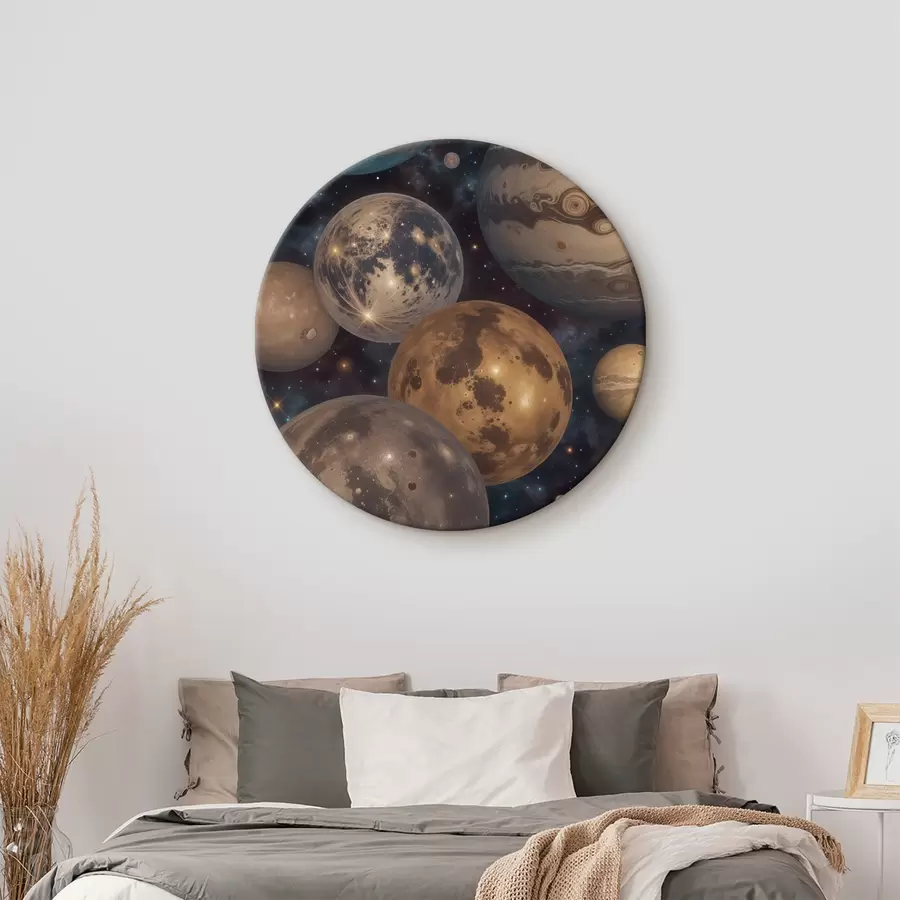 Glezna Abstraktā kosmosa apdruka ar krāsainām planētām un mēnesnīcām, kas peld zvaigžņotajās nakts debesīs r40607