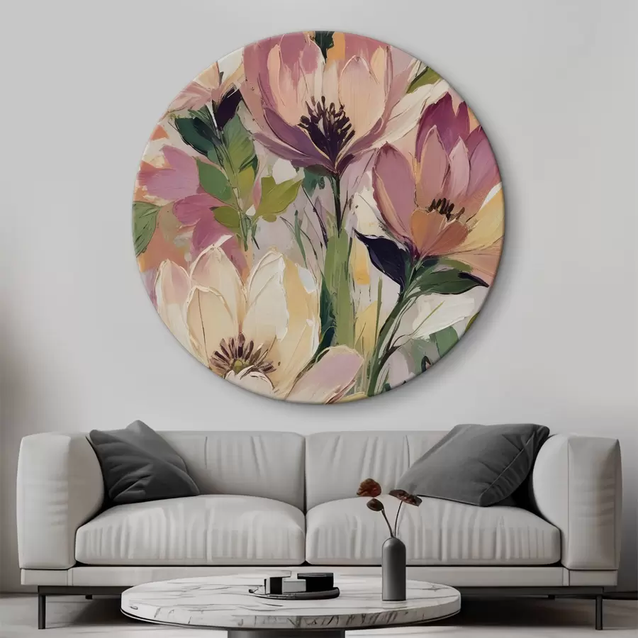 Glezna Spilgta ziedu kompozīcija ar lieliem, krāsainiem ziediem rozā, persiku un dzeltenos toņos r40609