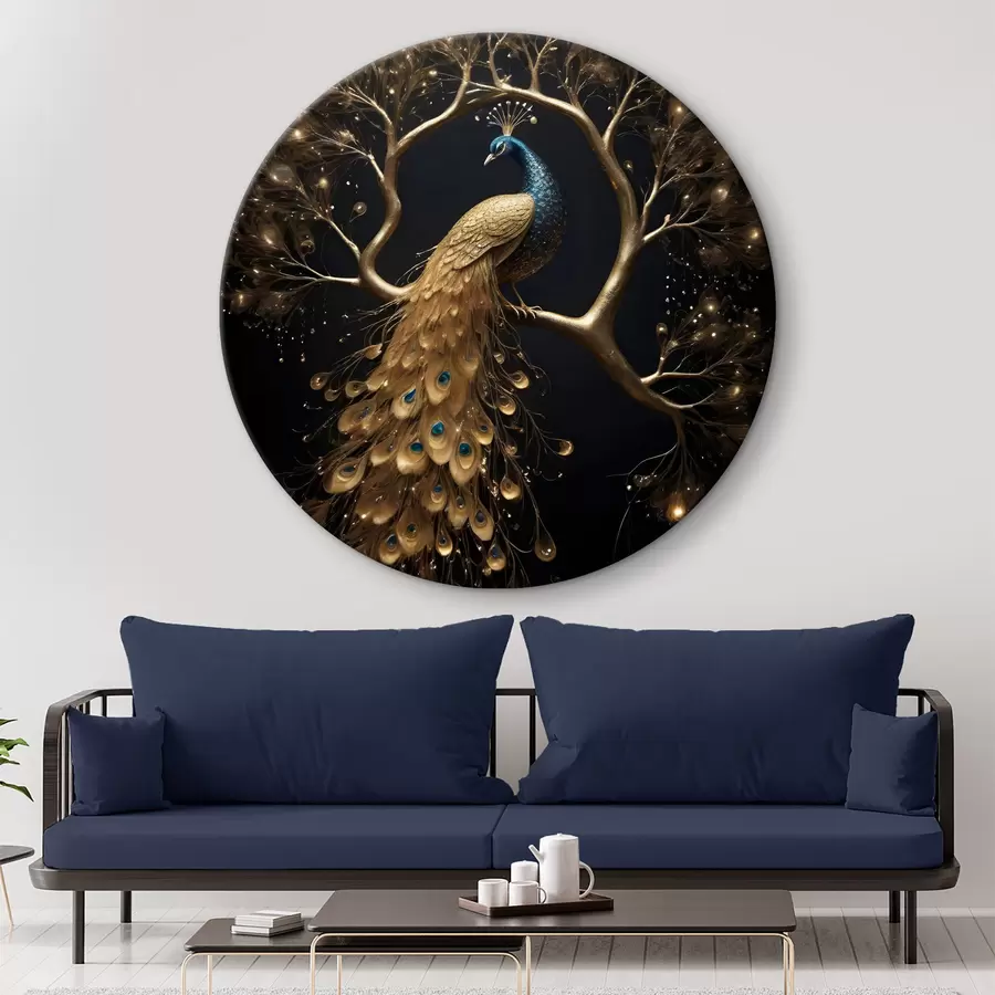 Glezna Pāvs ar košām spalvām sēž uz zara uz tumša fona ar mirdzošiem kokiem r40612