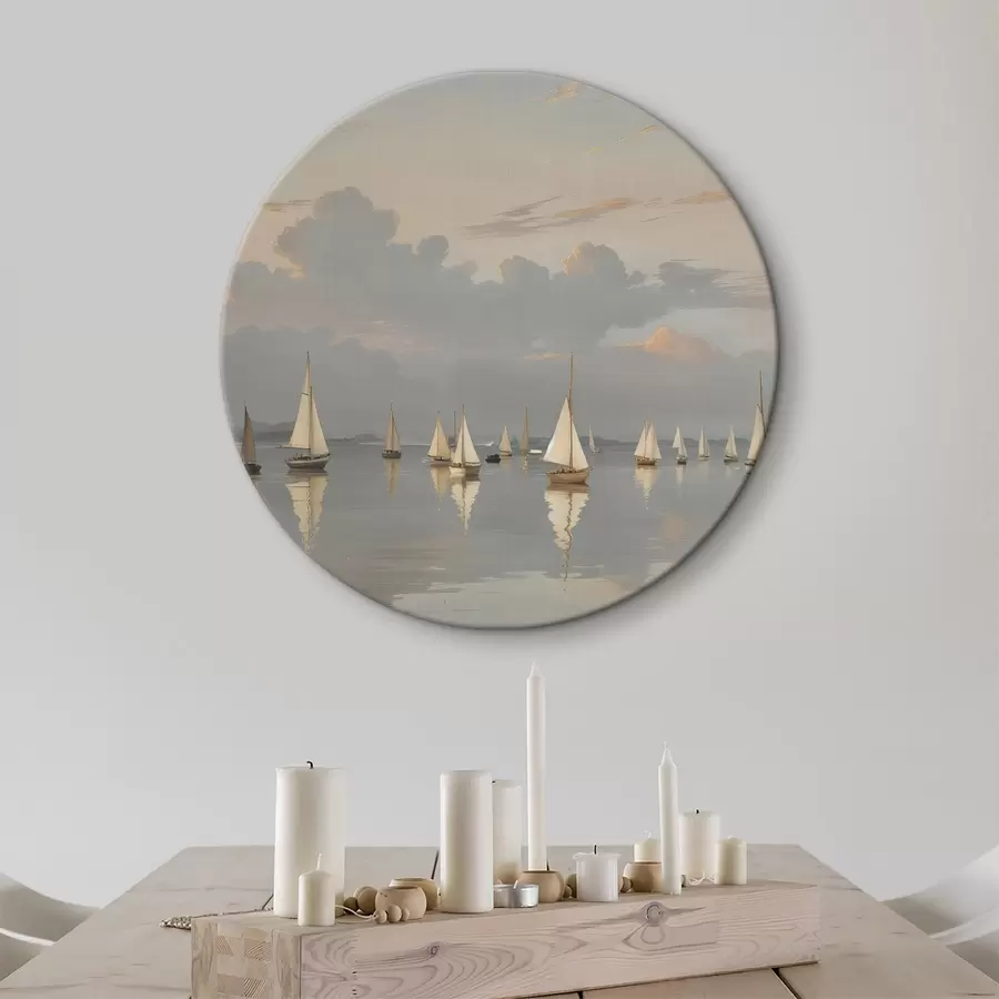 Glezna Baltu buru laivu flote uz mierīga, atstarojoša ūdenstilpnes saulrieta laikā ar mākoņainām debesīm fonā r40615