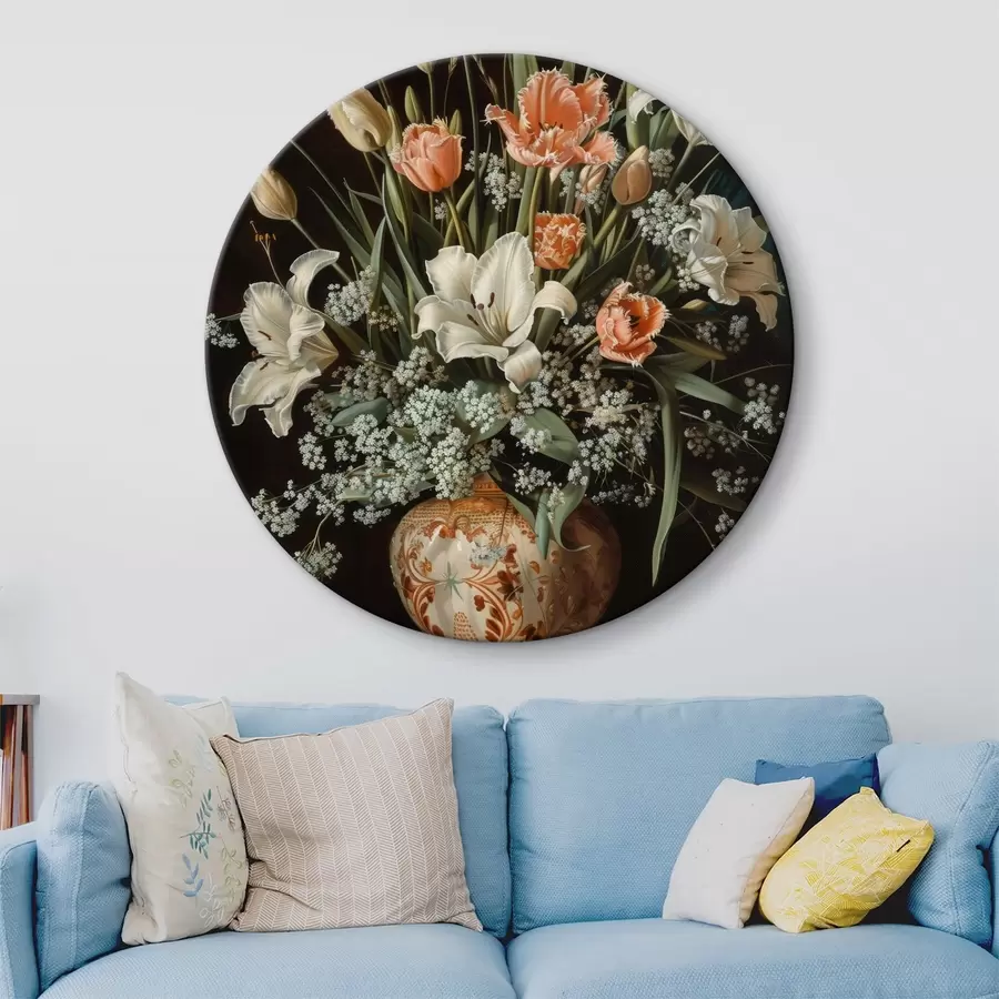 Glezna Ekstravaganta baroka klusā daba, kurā attēlota vāze ar tulpēm, neļķēm un hiacintēm, eļļas gleznas imitācija r40658