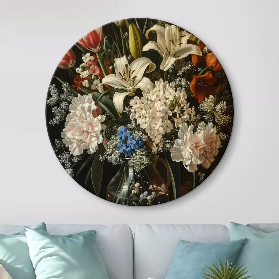 Glezna Baroka klusā daba ar vāzi, kas piepildīta ar tulpēm, neļķēm un hiacintēm, eļļas gleznas imitācija r40659