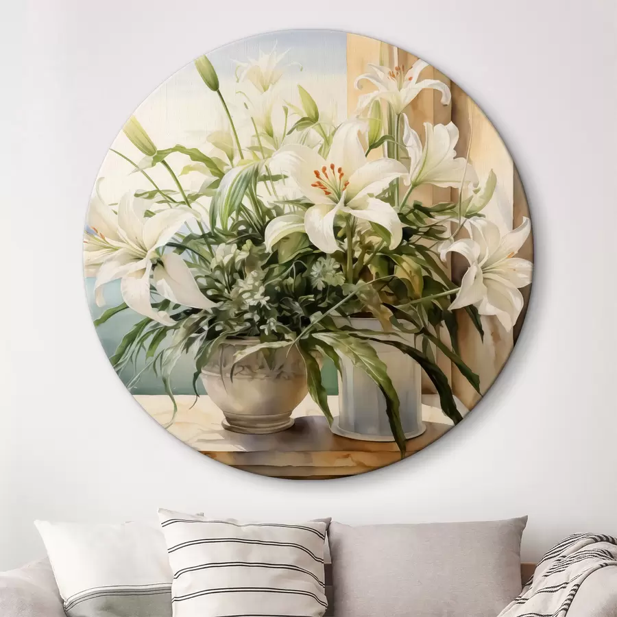 Glezna Baltas lilijas vāzē uz balkona ar skatu uz jūru un kalniem akvarelis r40682